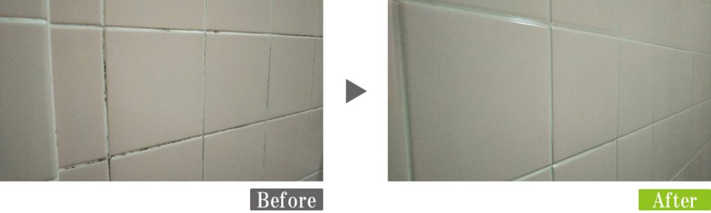 【G-Eco工法】カビで黒く汚れた浴室タイルの洗浄後、防カビ・防菌剤で保護